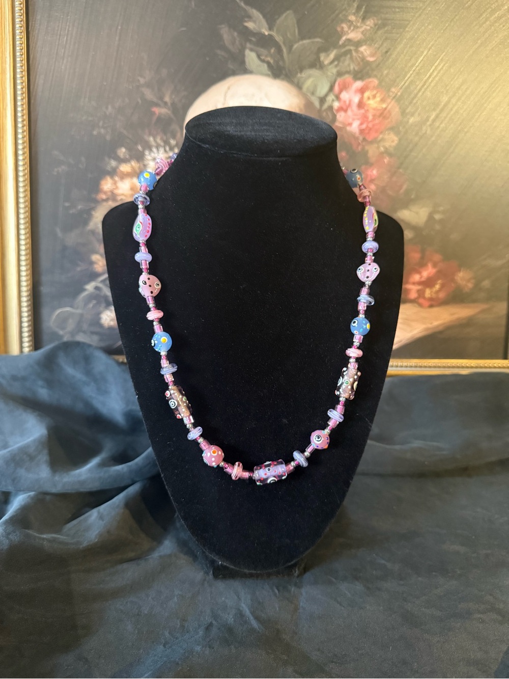 Unique and Fun Pink Handcrafted Lampwork Glass Bead Necklace 925